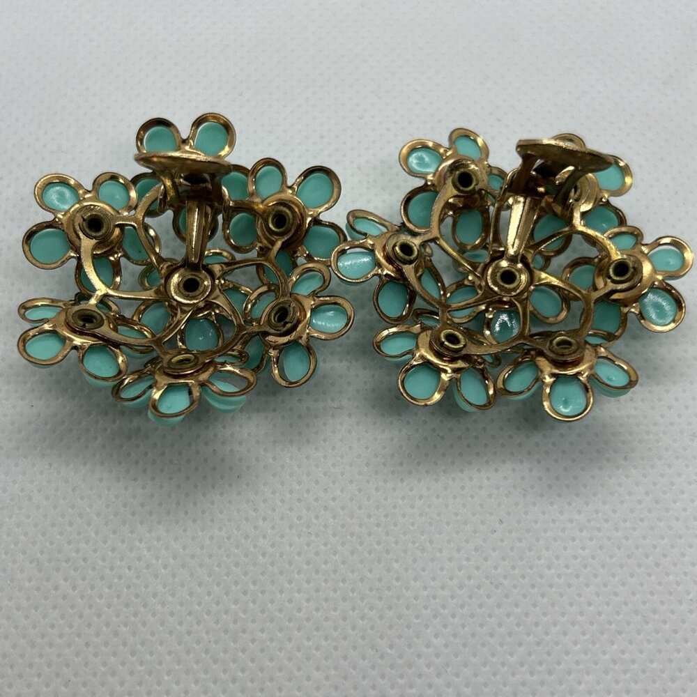 Vintage 50-60s Floral Cluster Clip On Earrings with Clear Rhinestones Turquoise - Picture 3 of 5